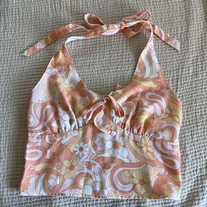 Hollister‎ Top Womens Small Pink Orange Floral Halter Crop Smocked Y2K Retro